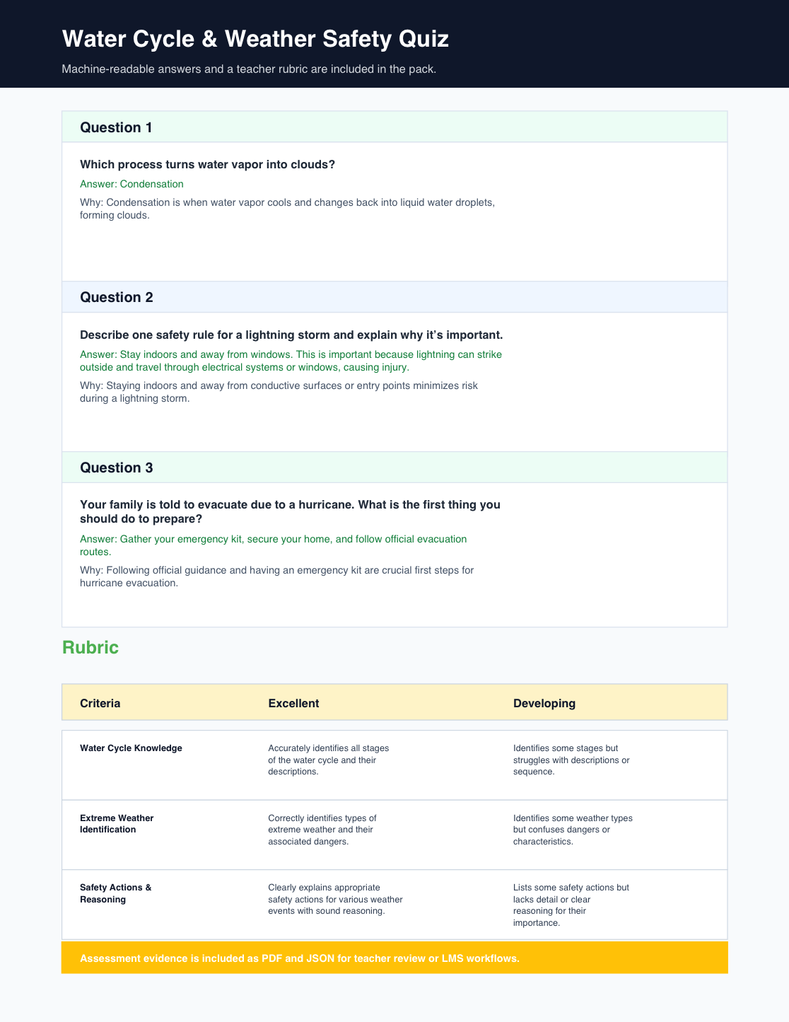 Generated water cycle assessment and rubric preview